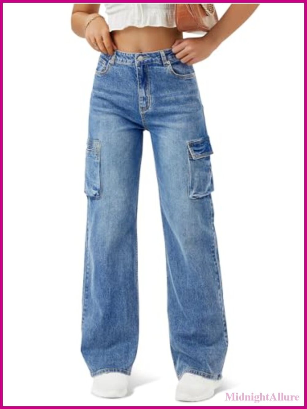 High Waisted Cargo Jeans Wide Leg Straight 6 Pockets Baggy Denim Pants